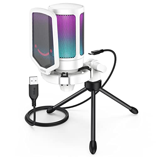 Micro data faq laptop stand AmpliGame USB Microphone, PC Gaming Recording Desktop Laptop Mic, RGB Streaming Podcasting Condenser Mic for Online Game, Zoom, Vocal, with Mute Button, Gain Knob, Anti-Vibration, Tripod Stand-White