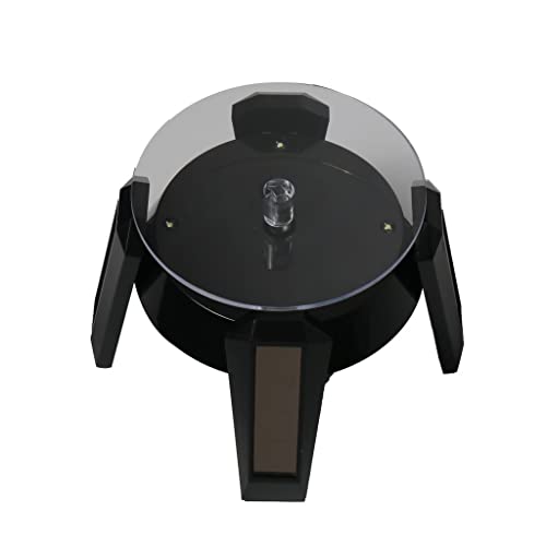 Micro data faq mobile stand Solar Powered Rotating Jewelry Display Stand,Jewelry Ring Bracelet Mobile Phone Watch Display Stand, 360 Degrees Rotating Turntable Watch Phone Jewelry Display Stand with LED Light (Black)