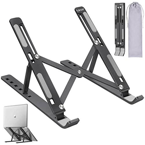 Micro data faq laptop stand Tukzer (Imported) Laptop Tabletop Stand Notebook Riser, 6 Level Height Angle Adjustment, 2X Stronger M-Shape Aluminum, Silicone Pads, Foldable, Air Ventilation for Laptop/Tablet Upto 17-Inch (Grey)