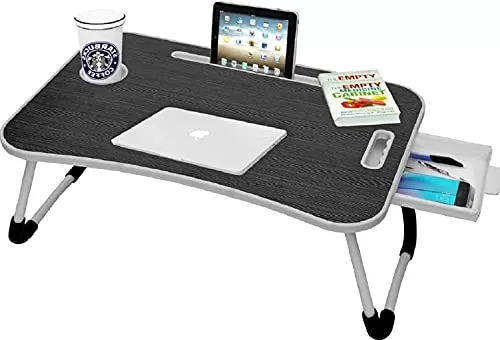 Micro data faq laptop table Callas Multipurpose Foldable Laptop Table with Cup Holder | Drawer | Mac Holder | Table Holder Study Table, Breakfast Table, Foldable and Portable/Ergonomic & Rounded Edges/Non-Slip Legs (WA-27-Black)