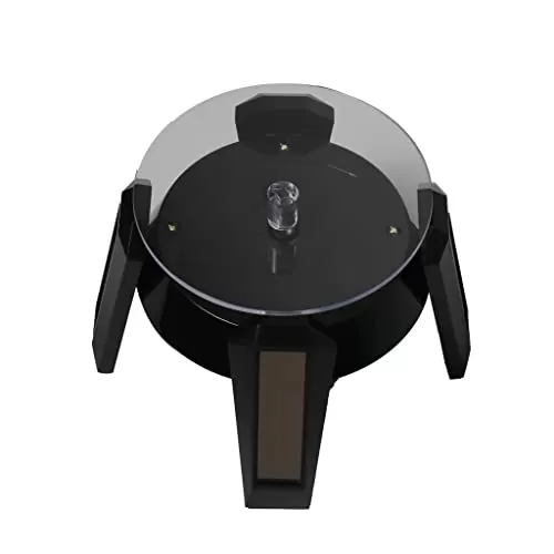 Micro data faq mobile stand Solar Powered Rotating Jewelry Display Stand,Jewelry Ring Bracelet Mobile Phone Watch Display Stand, 360 Degrees Rotating Turntable Watch Phone Jewelry Display Stand with LED Light (Black)