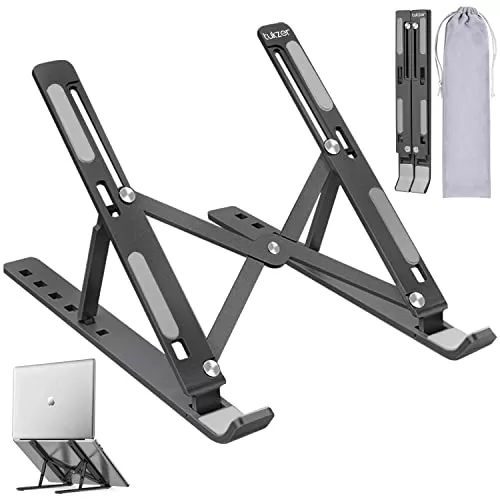 Micro data faq laptop stand Tukzer (Imported) Laptop Tabletop Stand Notebook Riser, 6 Level Height Angle Adjustment, 2X Stronger M-Shape Aluminum, Silicone Pads, Foldable, Air Ventilation for Laptop/Tablet Upto 17-Inch (Grey)