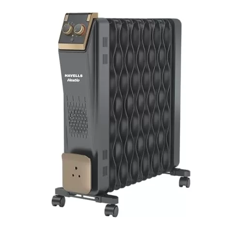 Havells 13 Fin Hestio Wave Fin OFR (Oil Filled Radiator)|Room Heater|2900 W|3 Heat Settings & PTC Fan Heater|Inclined Control Panel|Retractable Wheels| Comfortable Breathing|360° Heating (Black)